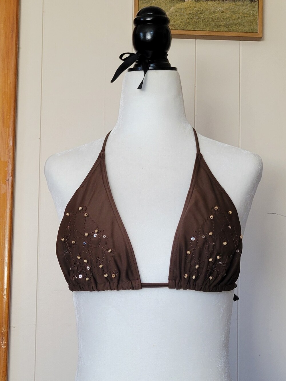 2000s Smart Set | Brown Sequined Triangle Bikini Top - Size Small
